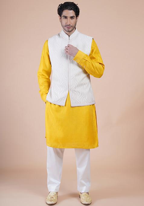 White Machine Hand Embroidered Bundi Jacket For Men