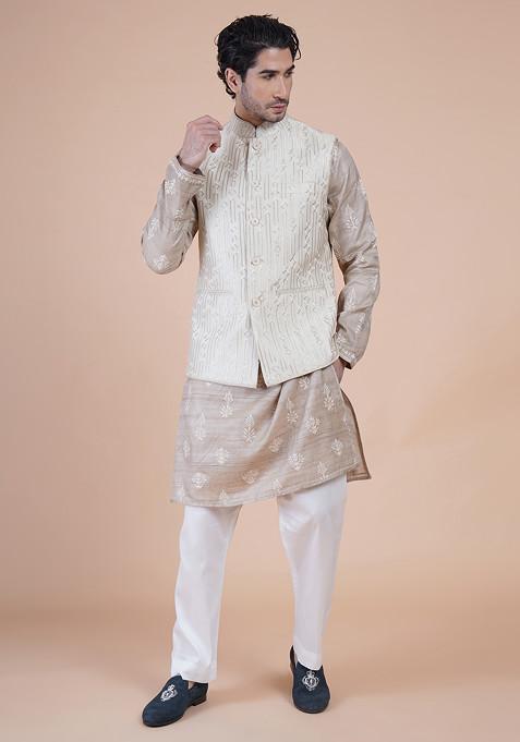 White Machine Embroidered Bundi Jacket And Kurta Set For Men