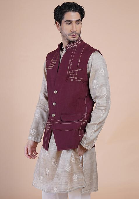 Maroon Embroidered Bundi Jacket For Men