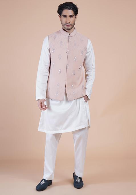 Pink Machine Embroidered Bundi Jacket For Men