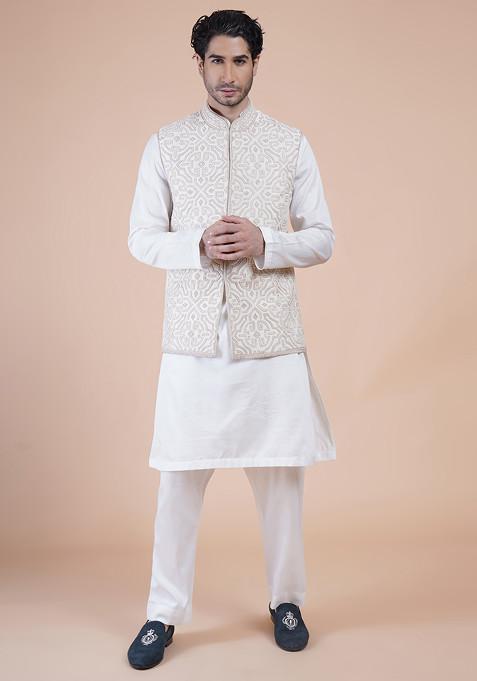 Off White Machine Embroidered Bundi Jacket For Men