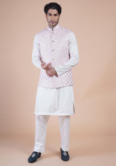 Pink Embroidered Raw Silk Bundi Jacket For Men