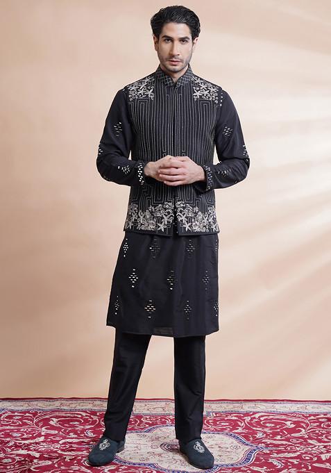 Black Machine Embroidered Bundi Jacket For Men