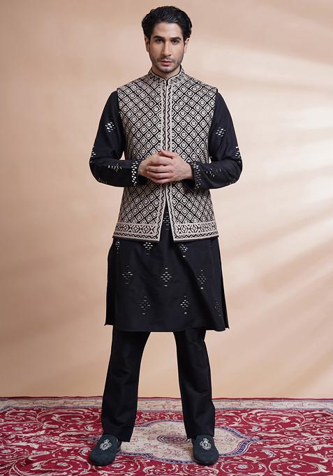 Black Machine Embroidered Raw Silk Bundi Jacket For Men