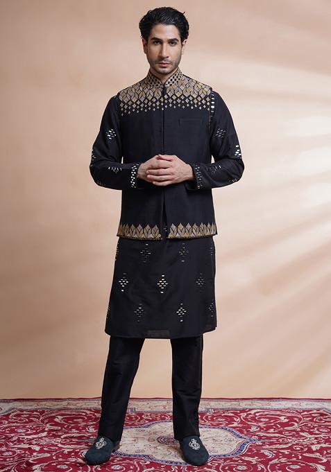 Black Embroidered Raw Silk Bundi Jacket For Men