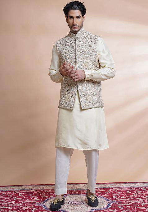 Beige Machine Embroidered Bundi Jacket For Men