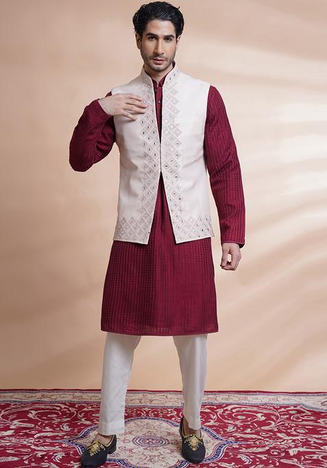 Pink Machine Embroidered Raw Silk Bundi Jacket For Men