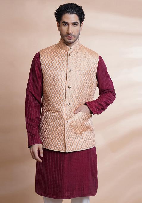 Orange Quilted Raw Silk Bundi Jacket For Men