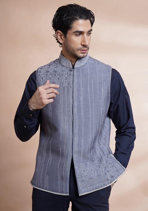 Grey Machine Embroidered Raw Silk Shirt For Men