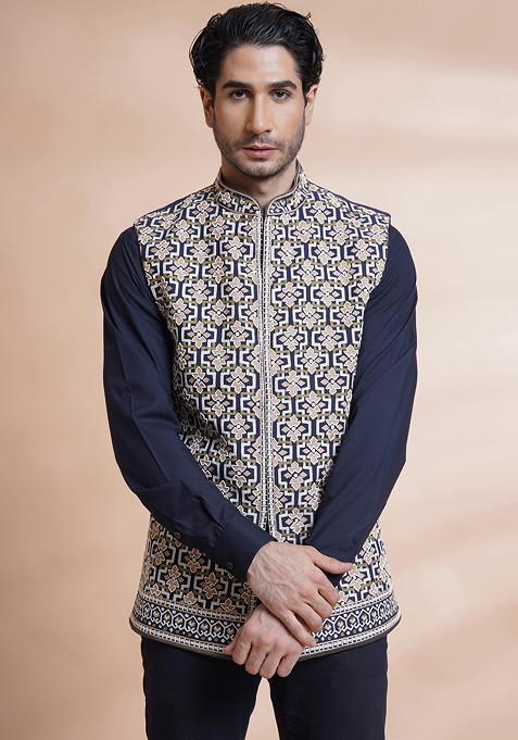 Navy Blue Ari Embroidered With Hand Work Bundi Jacket And Kurta Set For Men