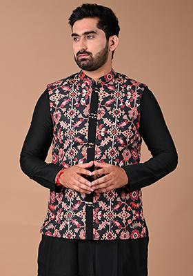 Black Ikat Print Bundi Jacket For Men