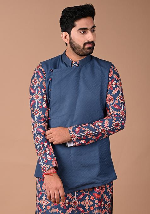 Sapphire Blue Embroidered Asymmetrical Anchor Stitch Bundi Jacket For Men