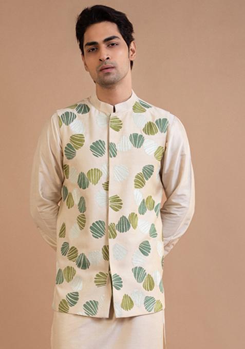 Beige Embroidered Cotton Silk Bundi Jacket For Men