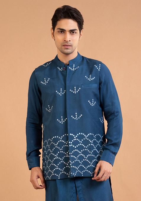 Dark Blue Mirror Work Royal Silk Bundi Jacket For Men