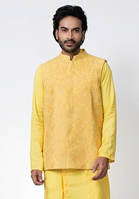 Yellow Heavy Hand Embroidered Bundi Jacket For Men