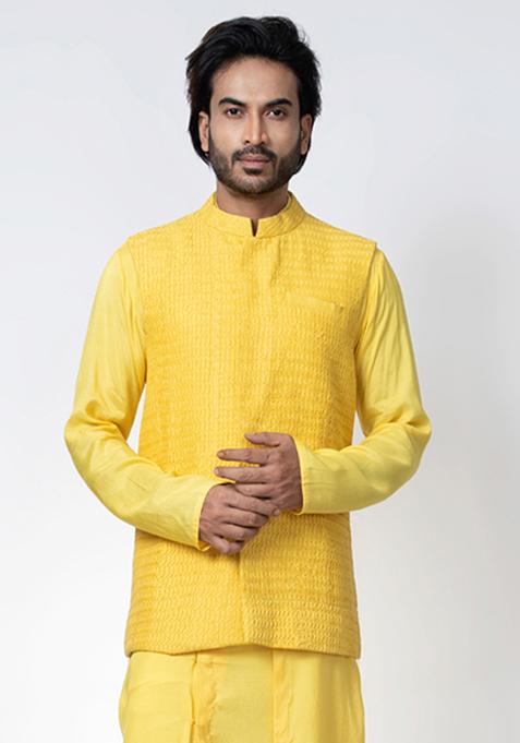 Yellow Heavy Embroidered Bundi Jacket For Men