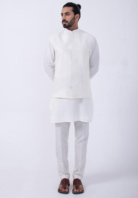 Ivory Embroidered Sleeveless Bundi Jacket For Men