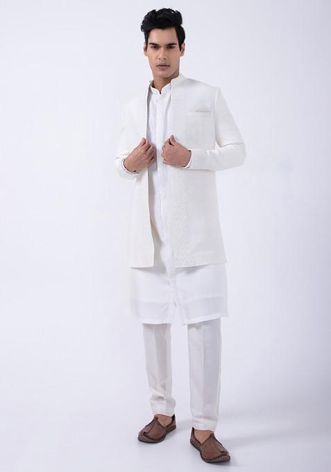 Ivory Embroidered Open Jacket For Men