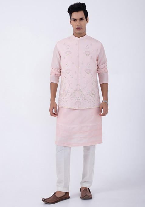 Baby Pink Embroidered Bundi Jacket For Men