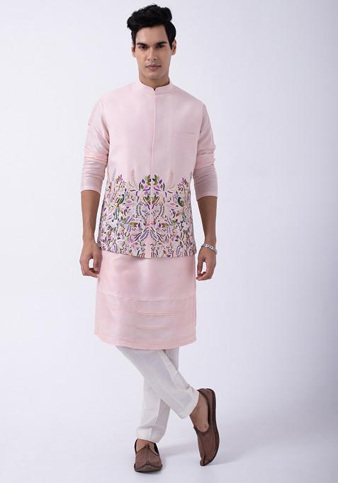 Baby Pink Sleeveless Embroidered Bundi Jacket For Men