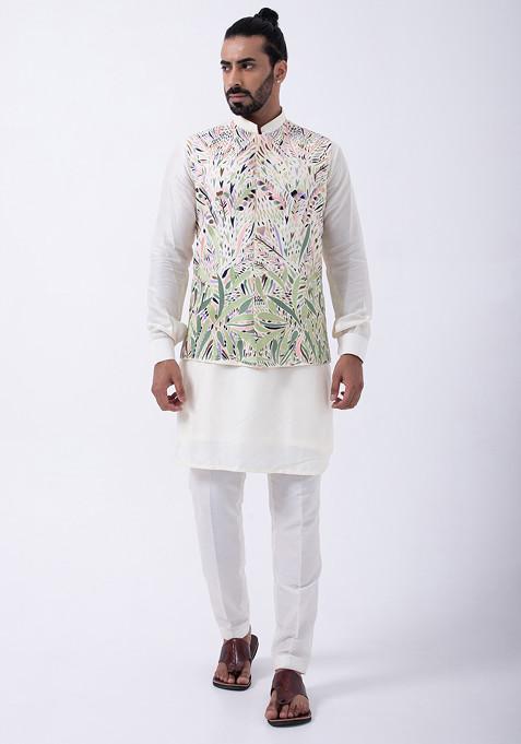 Ivory Embroidered Bam Silk Bundi Jacket For Men