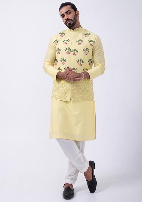 Yellow Sleeveless Embroidered Bundi Jacket For Men