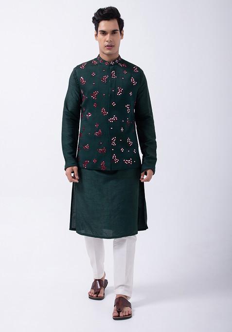 Bottle Green Embroidered Linen Satin Bundi Jacket For Men