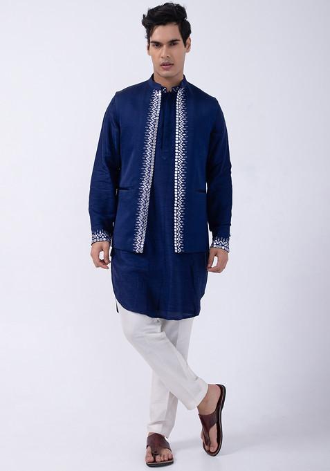 Navy Blue Embroidered Bundi Jacket For Men