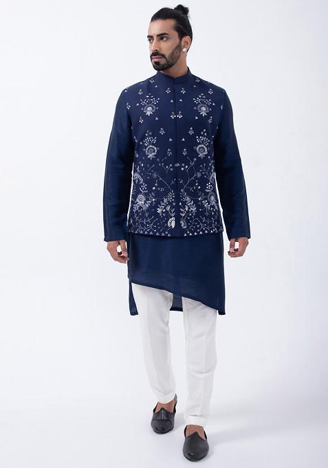 Navy Blue Sleeveless Embroidered Bundi Jacket For Men