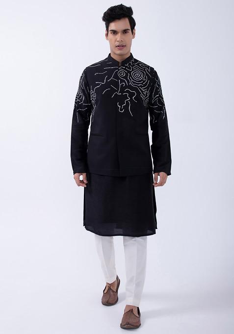 Black Embroidered Suiting Bundi Jacket For Men