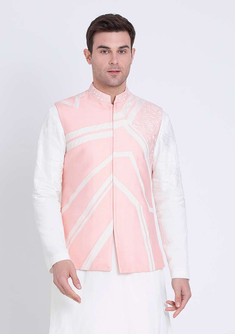 Pink Embroidered Silk Blend Jacket For Men - Indya