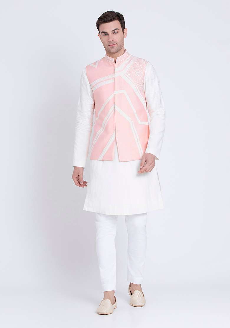 Pink Embroidered Silk Blend Jacket For Men - Indya