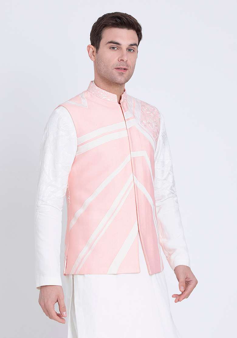 Pink Embroidered Silk Blend Jacket For Men - Indya
