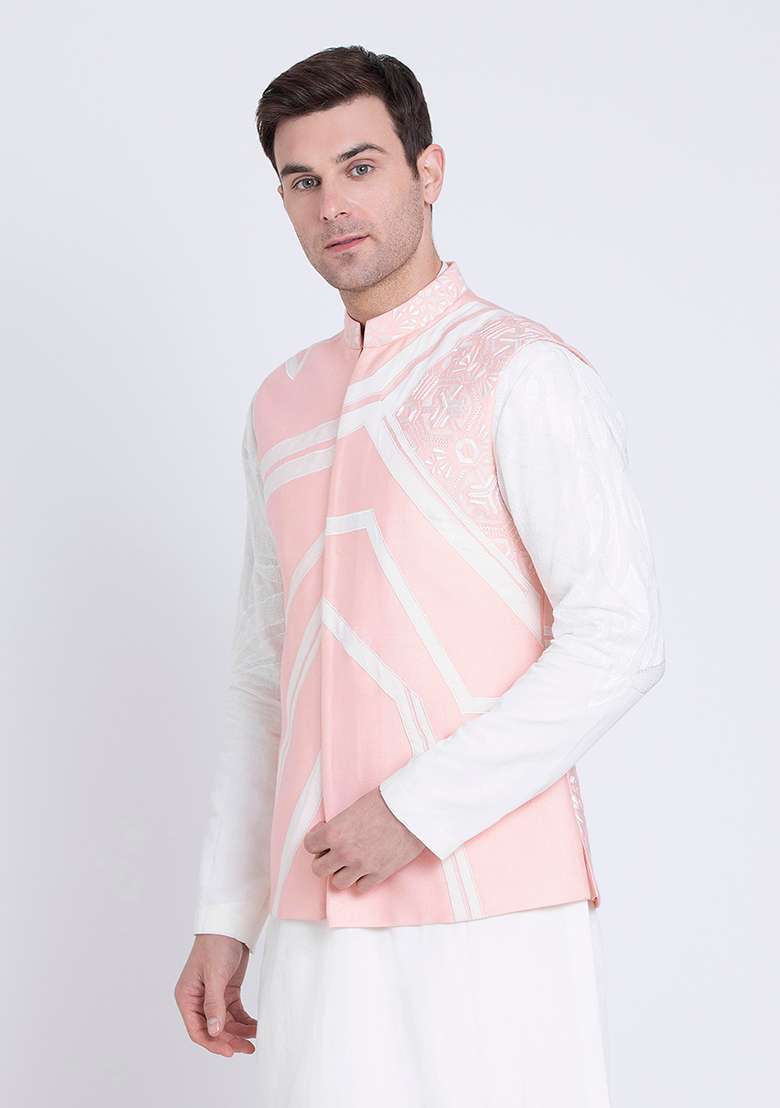 Pink Embroidered Silk Blend Jacket For Men - Indya