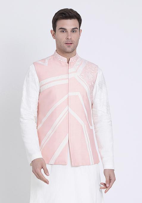 Pink Embroidered Silk Jacket For Men