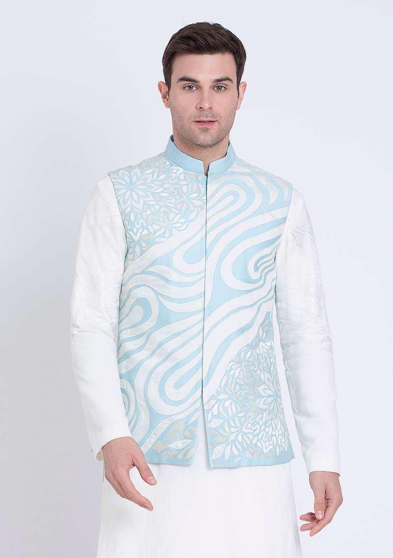 Pale Blue Embroidered Silk Blend Jacket For Men - Indya