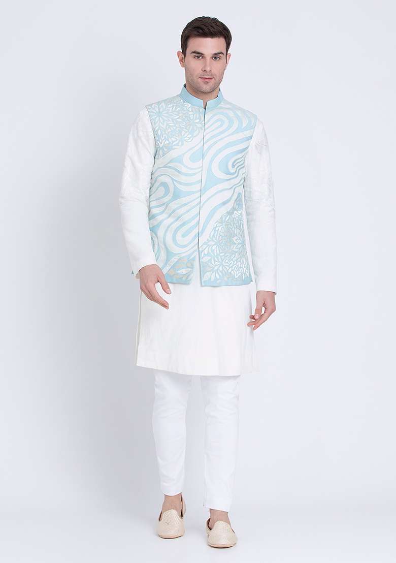 Pale Blue Embroidered Silk Blend Jacket For Men - Indya