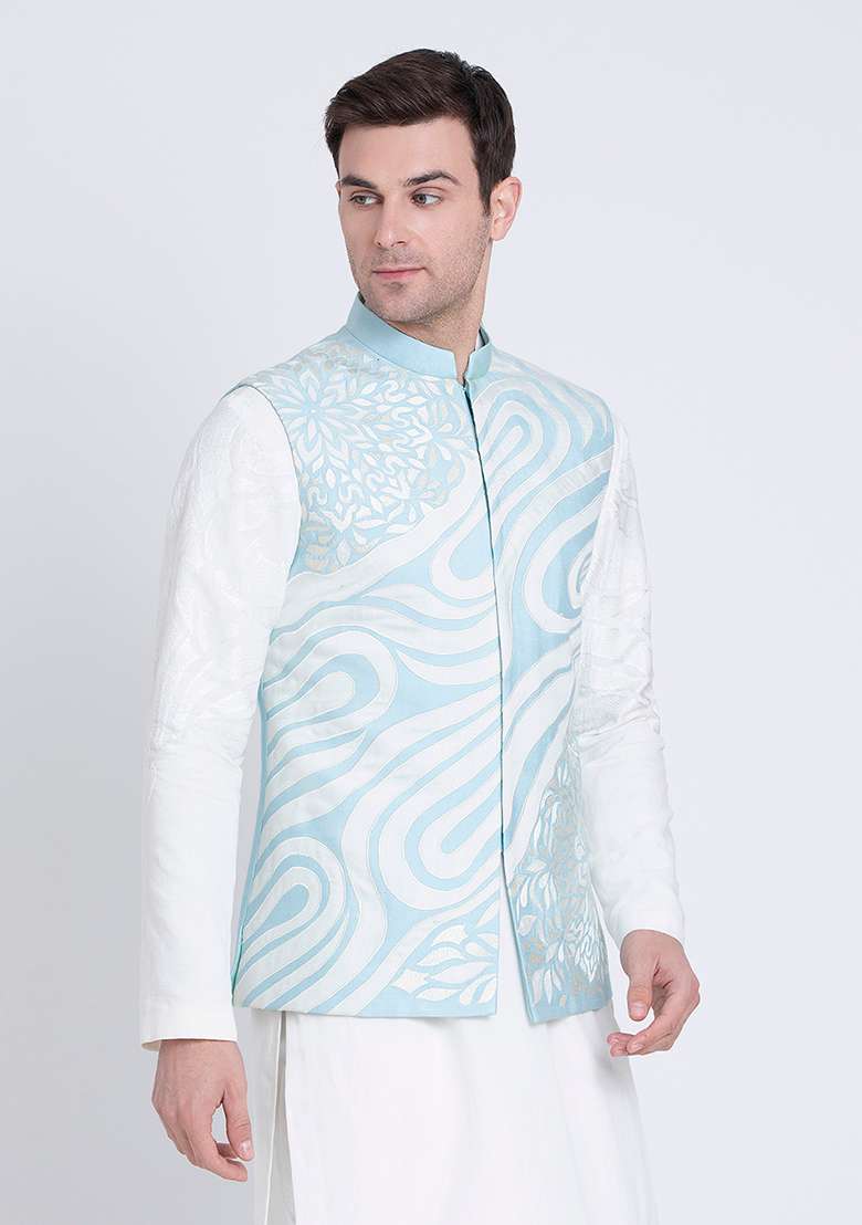 Pale Blue Embroidered Silk Blend Jacket For Men - Indya