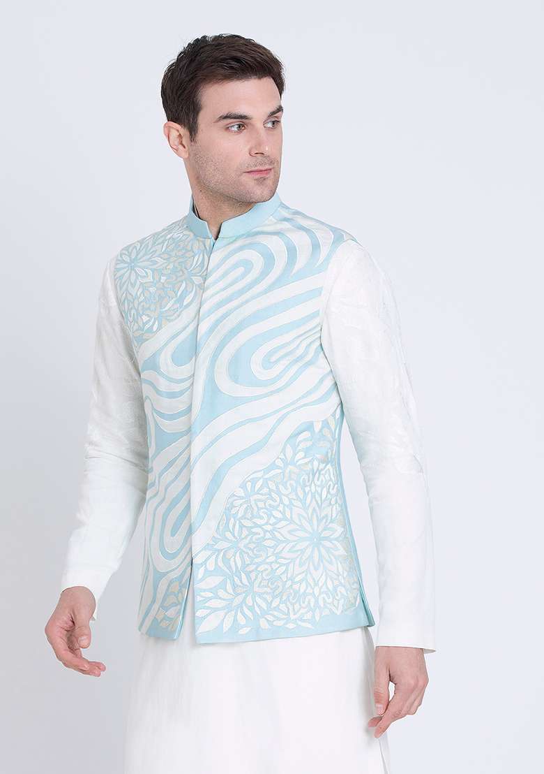 Pale Blue Embroidered Silk Blend Jacket For Men - Indya