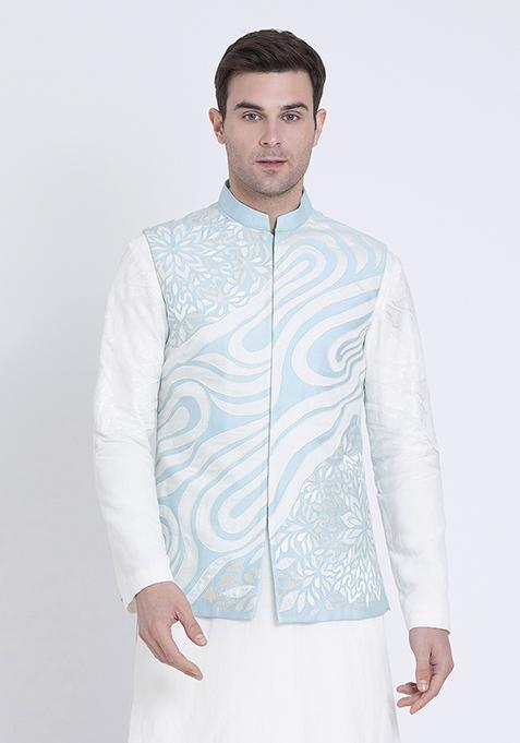 Pale Blue Embroidered Silk Jacket For Men