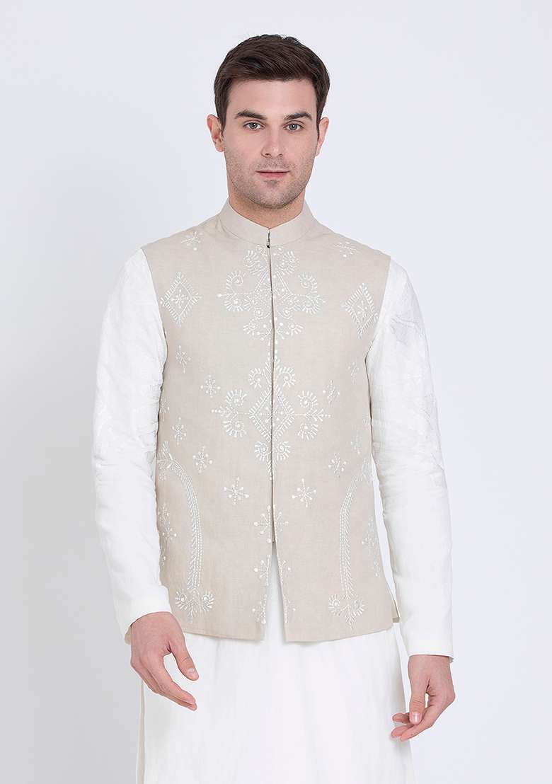 Grey Embroidered Linen Jacket For Men - Indya