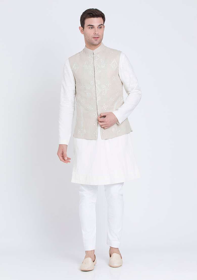 Grey Embroidered Linen Jacket For Men - Indya