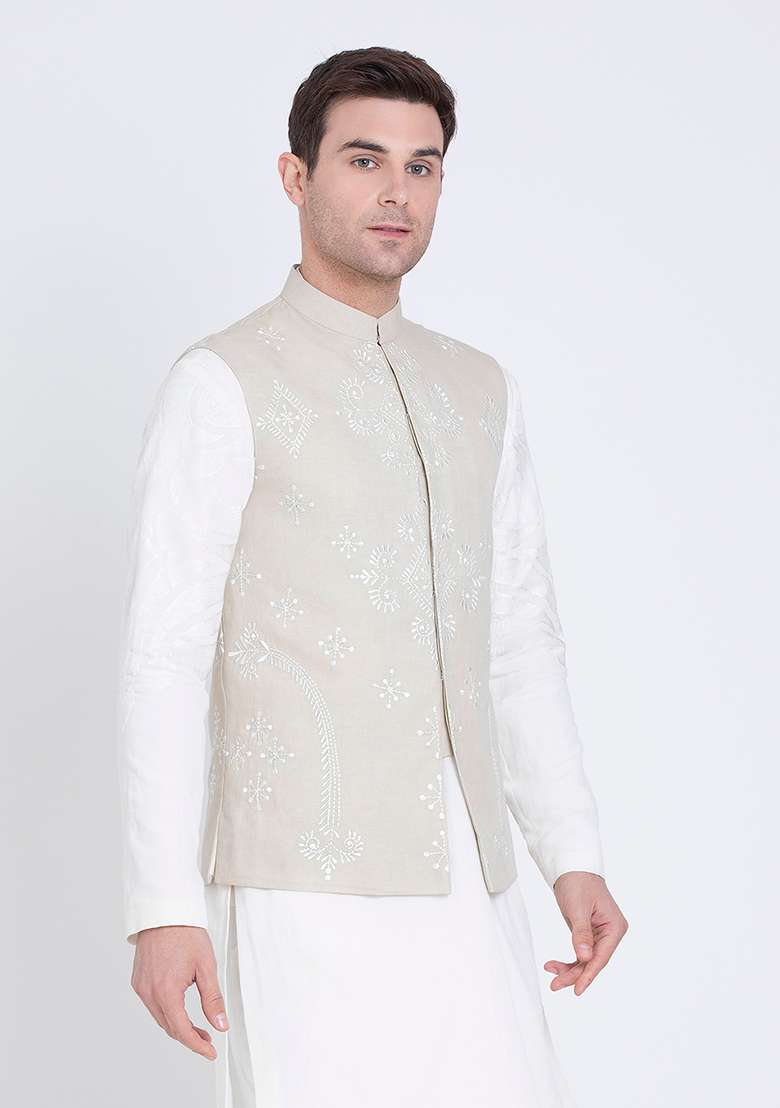 Grey Embroidered Linen Jacket For Men - Indya