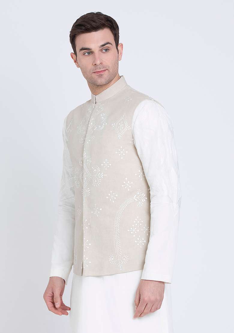 Grey Embroidered Linen Jacket For Men - Indya