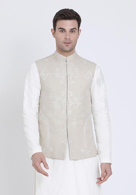 Grey Embroidered Linen Jacket For Men