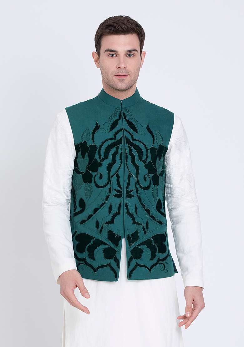 Green Embroidered Linen Jacket For Men - Indya