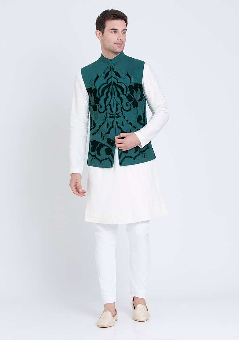 Green Embroidered Linen Jacket For Men - Indya
