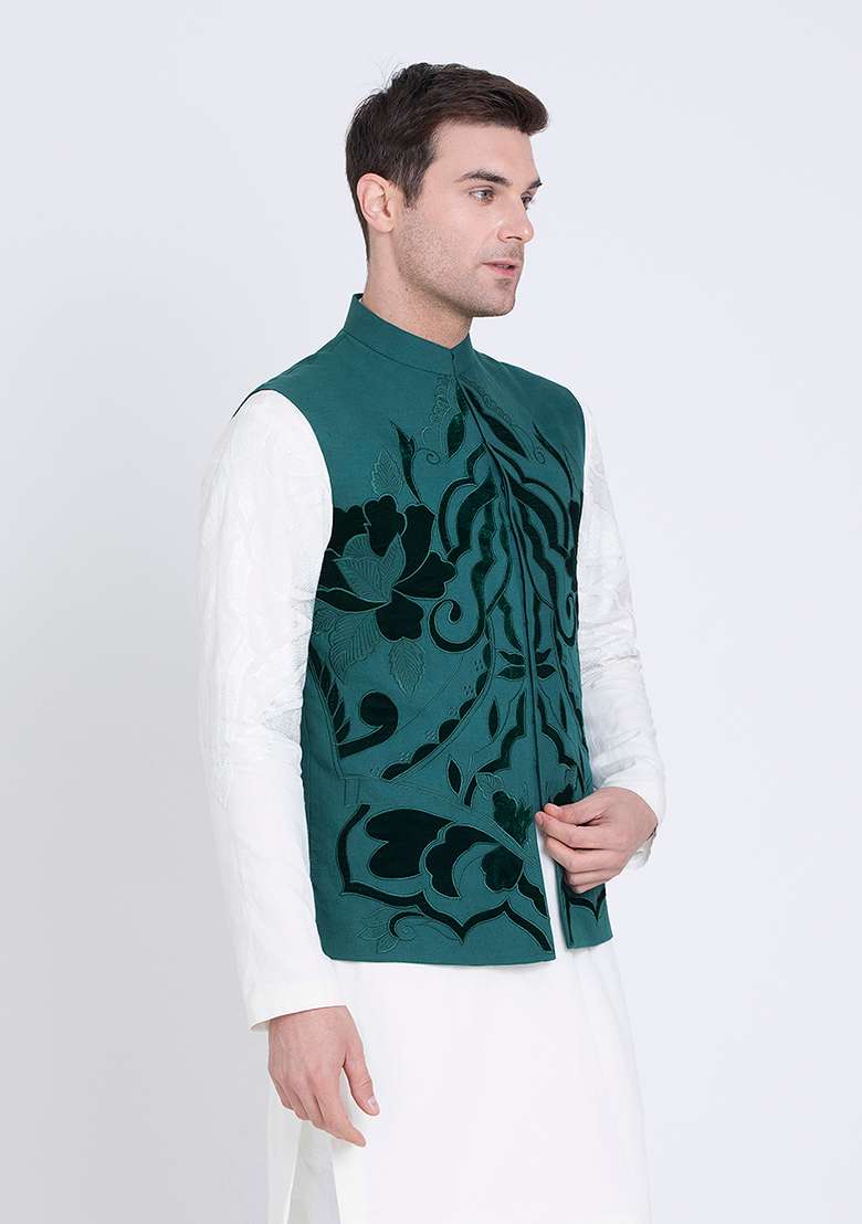 Green Embroidered Linen Jacket For Men - Indya