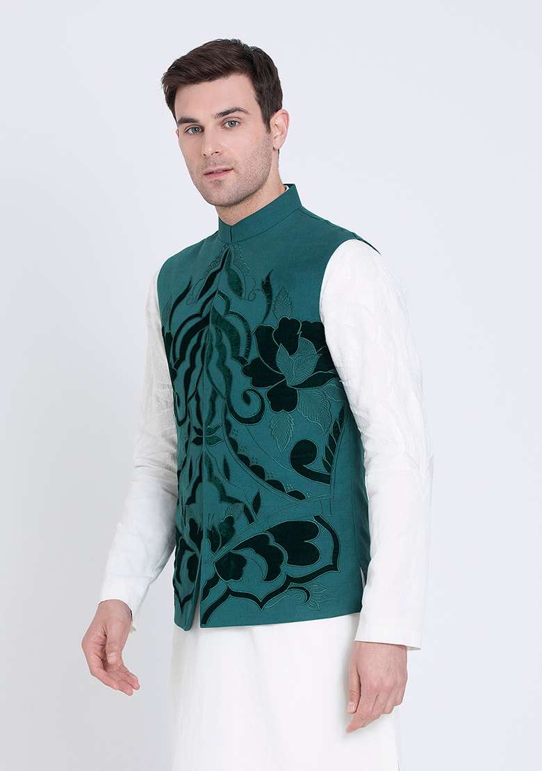 Green Embroidered Linen Jacket For Men - Indya