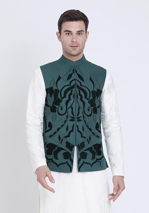 Green Embroidered Linen Jacket For Men